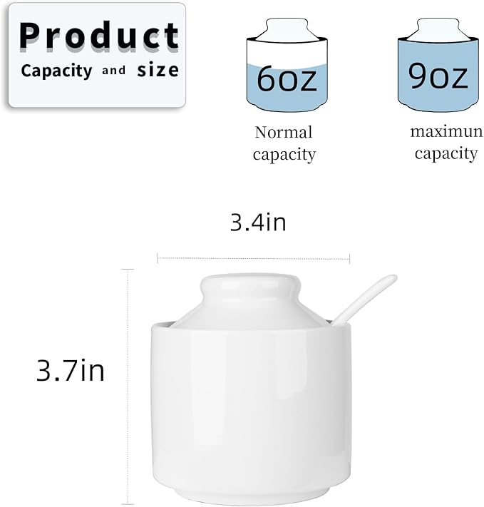 HAOTOP 8 oz Sugar Bowl with Lid and Spoon,Ceramic Sugar Jar Sugar Dispenser Sugar Container Coffee Bar Accessories, Kitchen Countertop Canisters (White)