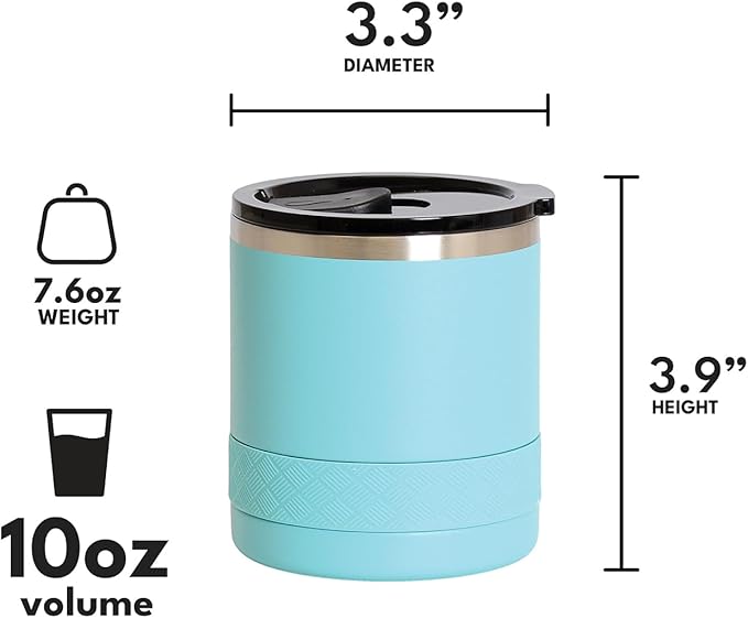 Elemental Recess Lowball Tumbler, 10oz Triple Wall Stainless Steel Cup with Non-Shattered Tritan Lid, Insulated Whiskey Glass, Insulated Coffee Tumbler Mug for Hot & Cold Drinks - Robin's Egg