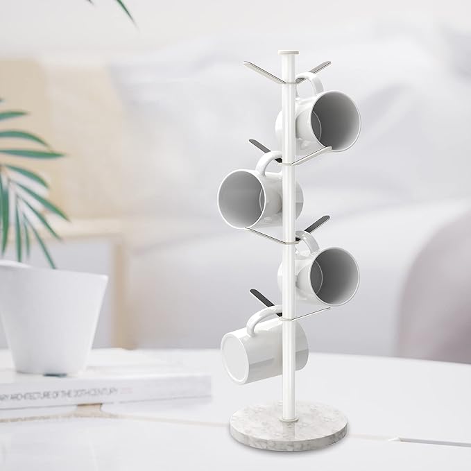 Mug Holder Tree with Marble Base, 8 Hooks White Coffee Cups Holder Stand, New Upgrad Stable Removable Mug Rack for Kitchen Cafe