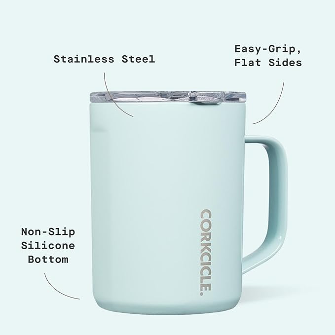 Corkcicle Classic Coffee Mug - Triple Insulated Stainless Steel for Travel - Shatter-Proof Lid - Keeps Drink Hot Over 3 Hours - Holiday Mug Gift - Great for Gifting Warmth - 16 oz - Powder Blue