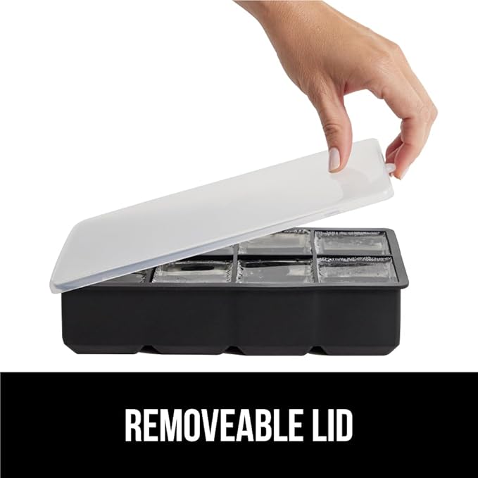 GORILLA GRIP Slow Melting Large Silicone Ice Cube Tray for Freezer, Easy to Push 8 Giant Square Cubes, Use for Cocktails, Iced Coffee, Water Bottle, Frozen Puree, Kitchen Bar Essentials, 1 Pack, Black