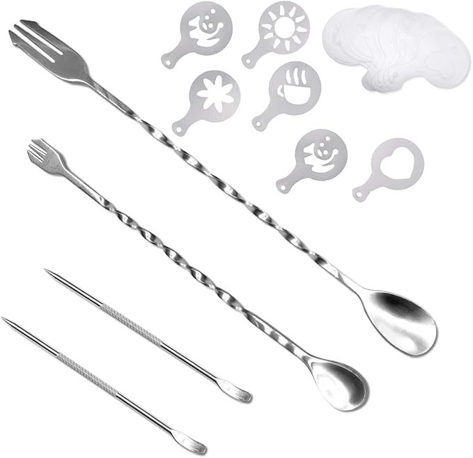 ACKLLR 36 Pcs Coffee Art Maker Set, 32 Pieces Coffee Decorating Stencils Barista Template + 2 Latte Pen + 2 Pack Spiral Pattern Mixing Spoon Fork 2 in 1 for Mousse Cake Birthday Party Bar Espresso