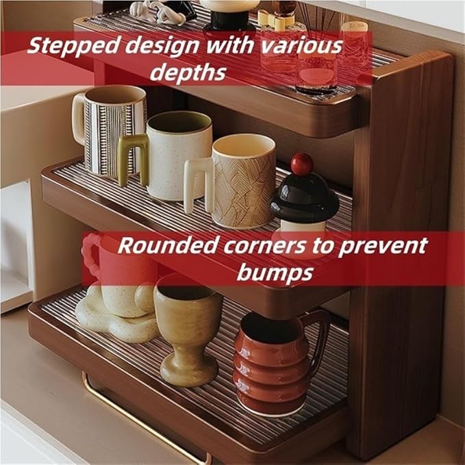 Wooden Trapezoid Mug Holder Stand Coffee Cup Display Shelf with Acrylic Panel and Copper Base Tea Mug Rack for Kitchen Room Decor