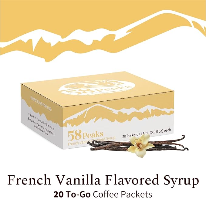 58Peaks French Vanilla Flavored Syrup Sweetener Packets for Hot and Cold Drinks | To-Go Syrup Flavoring Perfect for Coffee, Tea, Milkshake and More | Flavored Coffee Syrups for Travel | 15mL | 20-Pack