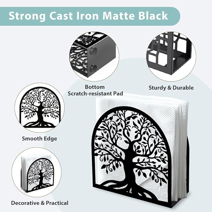 Tree of Life Decorative Black Metal Napkin Holder for Table, 4.9" x 4.9" x 1.9" Standing Napkin Holder for Home Kitchen Restaurant Picnic Party Coffee Bar Dining Room
