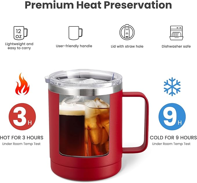 MEWAY 12oz Coffee Mug With Handle 8 Pack Bulk,Stainless Steel Insulated Travel Tumblers With Sliding Lid,Double Wall Vacuum Camping Cup for Hot & Cold Drinks Tea (Red,Set of 8)