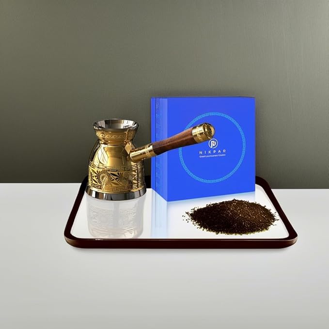 NIKPAR Luxury Greek Coffee Pot Macedonian Collection - Turkish Coffee Pot for Most Type of Stove Top, Arabic Coffee Maker Cezve, Ibrik, Briki with Detachable Handle & Luxury Gift Box (21 oz Large)