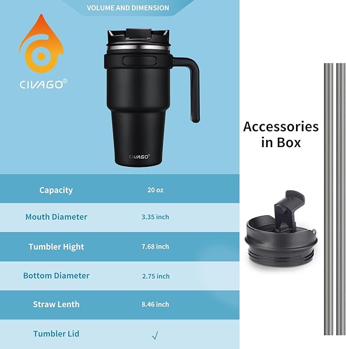 CIVAGO 20 oz Tumbler Mug with Lid and Straw, Insulated Travel Coffee Mug with Handle, Double Wall Stainless Steel Vacuum Coffee Tumbler, Thermal Coffee Cup, Flip lid, Sage Green