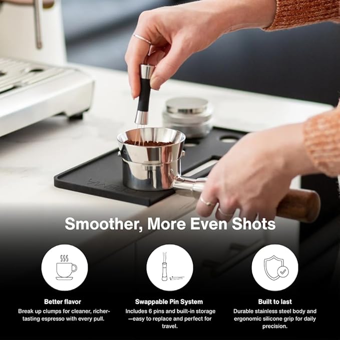 Crema Coffee Products Weiss Distribution Technique (WDT) Tool | Even Coffee Ground Distribution for Better Extraction | Stainless Steel with Silicone Grip | Includes 6 Pins & Storage Vault | Silver