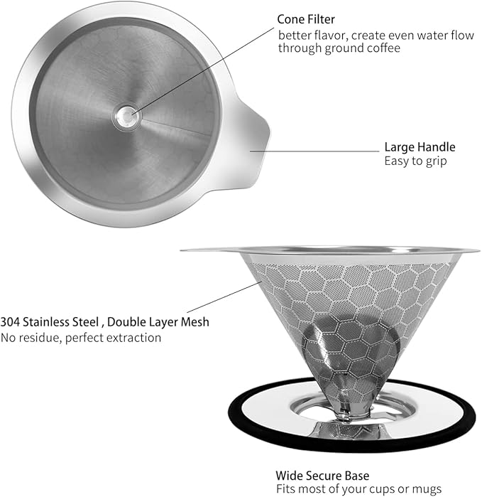 LHS Pour Over Coffee Dripper Reusable Coffee Filter Metal Cone Filter Paperless Coffee Filter Stainless Steel Pour Over Coffee Maker Single Cup Brew Coffee Filter, Double Mesh