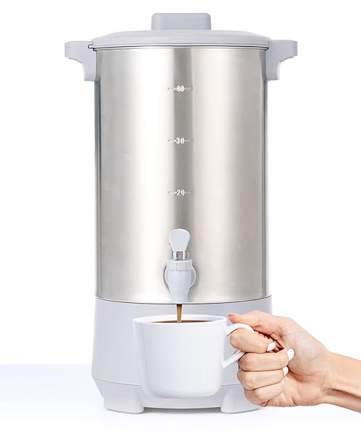 SYBO 45Cup Coffee Urn, Commercial Grade Stainless Steel Percolate Coffee Maker, Removable Filter, Easy to Clean, Hot Water Urn for Catering, Hot Beverage Dispenser with Cool-Touch Handles, 6L, Grey
