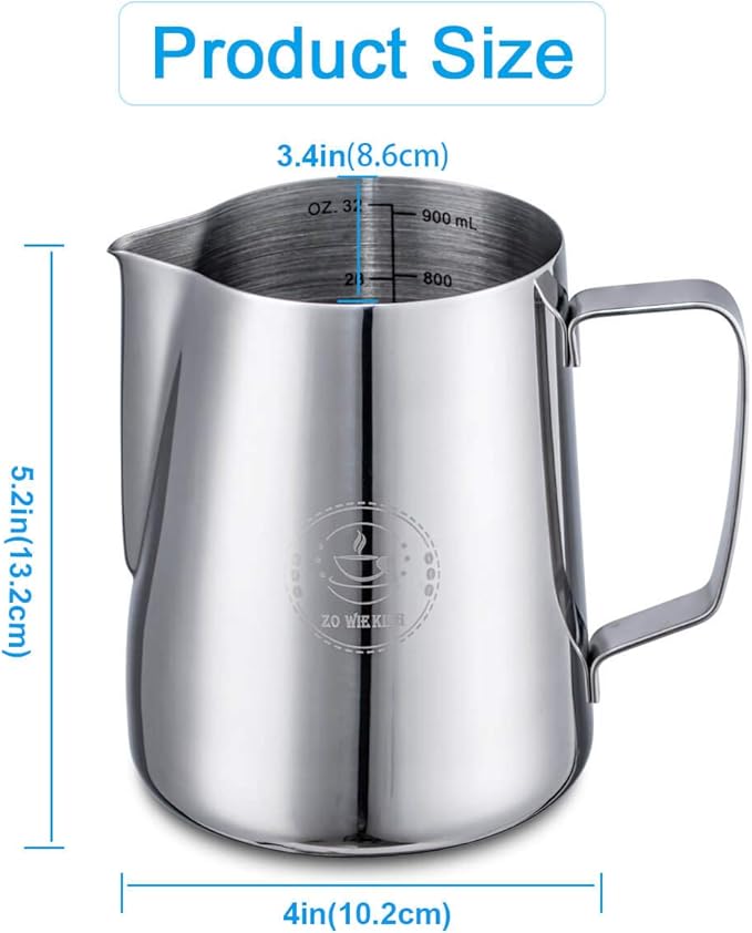 Milk Frothing Pitcher 32oz,Espresso Steaming Pitchers 900ml,Espresso Machine Accessories,Milk Frother Cup 32 Oz,Coffee Cappuccino Latte Art,Stainless Steel Jug