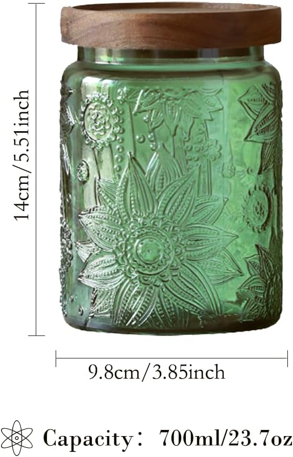 Set of 2 Vintage Glass Jars, Green Glass Storage Jars with Solid Wood Lids (23.7 oz) for Kitchen, Pantry, Candy, Flour, Oatmeal, Coffee Beans, Pet Food, Laundry Detergent, Cute Jar (Green, 2 Pack)