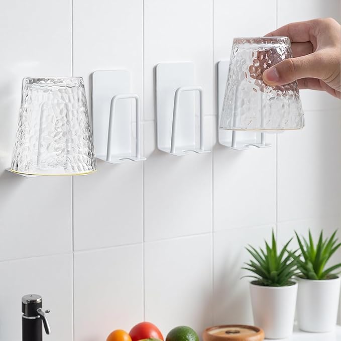 4PCS Mug Hooks Wall-Mounted Mug Holder, Coffee Cups Holder Hanger no Drilling,Toothbrush and Cup Organizer,Storage Hooks for Kitchen, Living Room, Office (White-1cup)