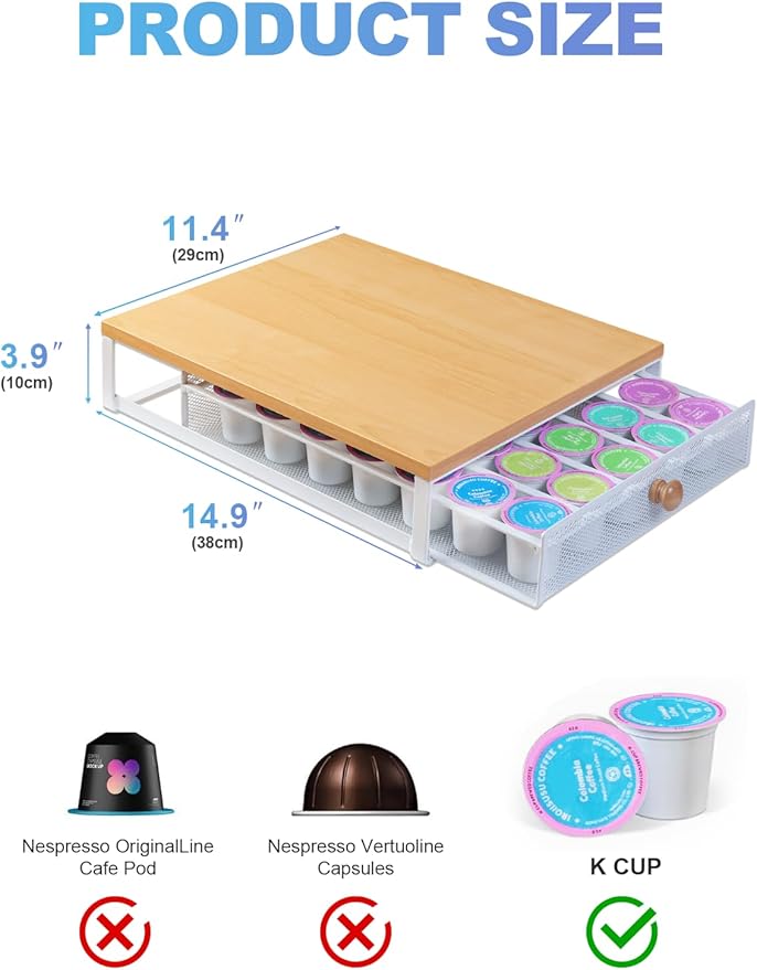 Coffee Pod Holder Counter Coffee Vertuo Capsules Storage Organizer with Sliding Drawer Compatible For K-Cup Pods Nespresso Pods No Assembly Needed Oak Color