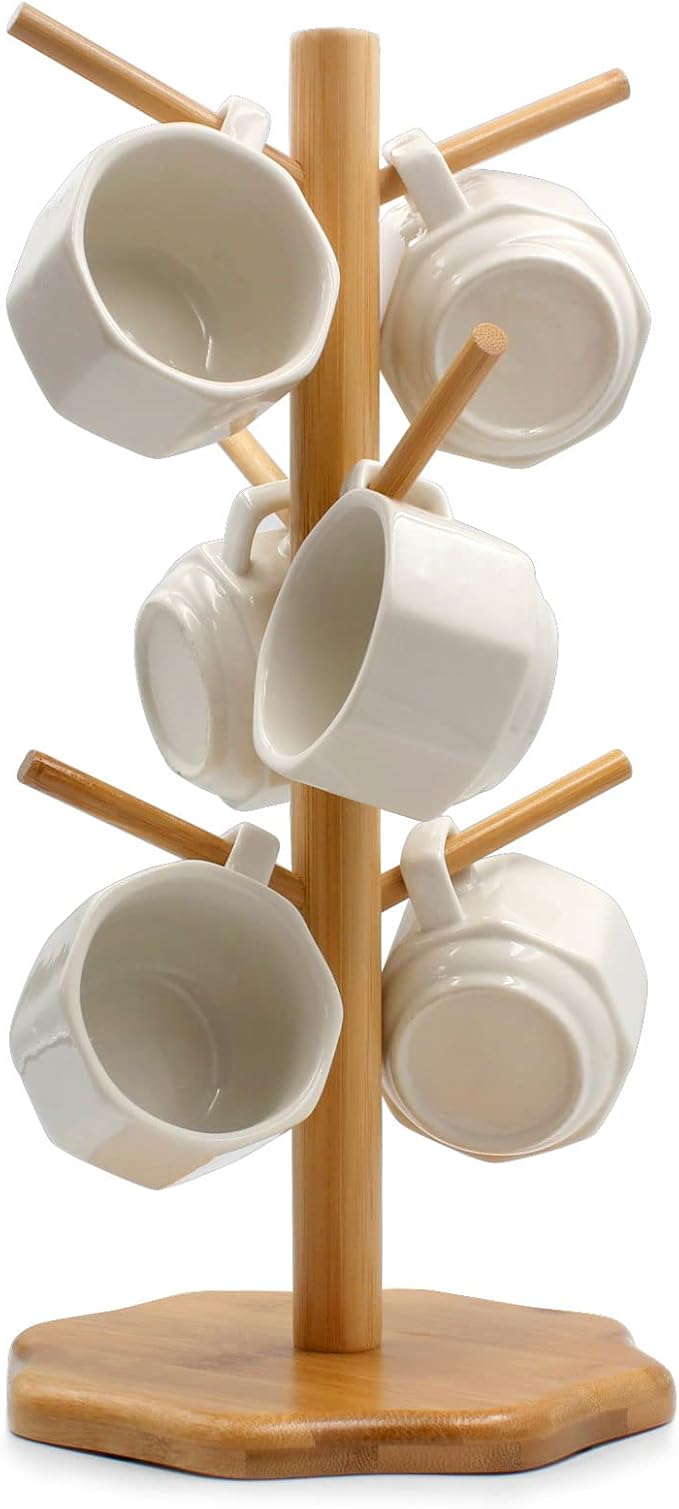 Bamboo Countertop Mug Tree Stand with 6 Hooks, Octagon Base Coffee Cup Tree