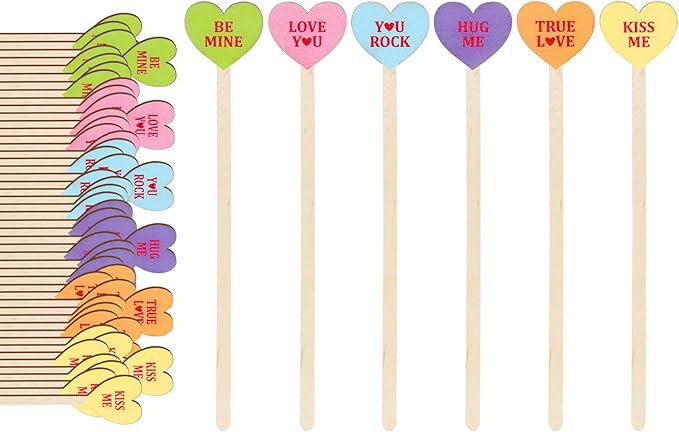120Pcs Valentine's Day Coffee Stirrers Pastel Conversation Heart Stir Sticks Wooden Drink Stirrers Disposable For Home Office Bar Restaurant Party Supplies