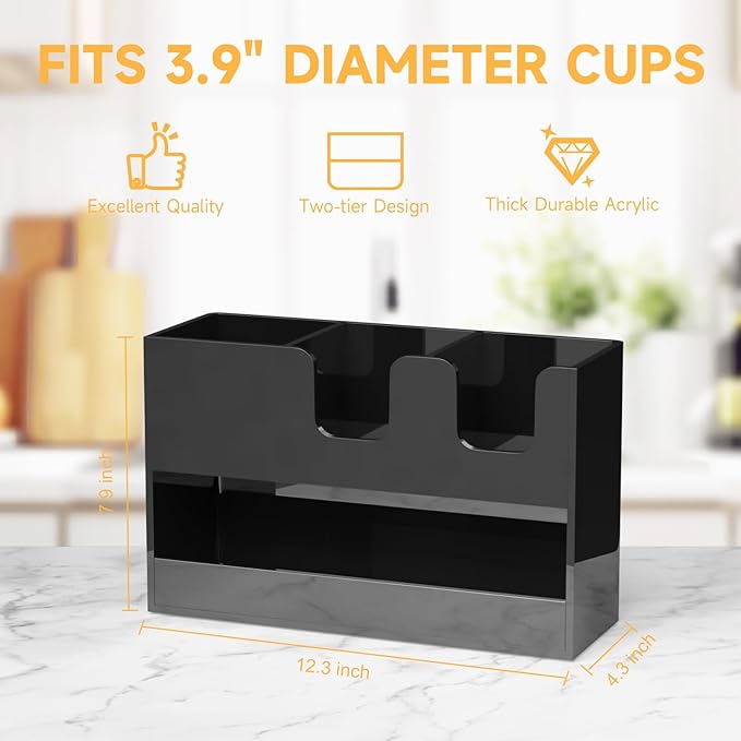 Coffee Condiment and Cup Organizer - 2-Tier Upright Cup and Lid Holder with Straw Organizer 4 Compartments Black Acrylic Cup Dispenser for Restaurant Breakroom Coffee Station Countertop