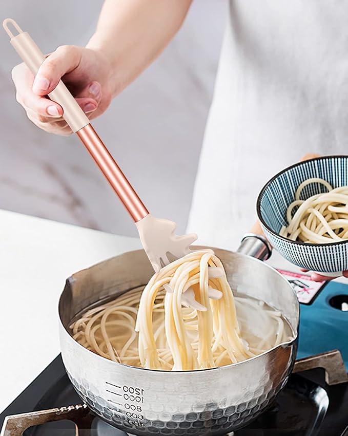 Pack of 2 Silicone Pasta Fork, Kitchen Heat Resistant Noodle Spoon Server, BPA Free Spaghetti Strainer, Best Cooking Tools (ROSE GOLD BLACK-KHAKI)
