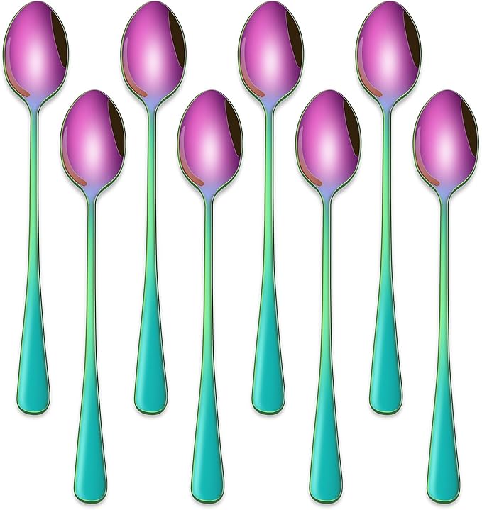 7.5 Inches Rainbow Stainless Steel Ice Tea Spoon,Set Of 8 Long Handle Coffee Stirring Spoons,Multicolored Sundae Spoons,Colorful Cocktail Mixing Spoon