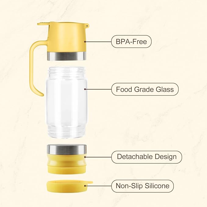 Neodaco Honey Dispenser No Drip with Stand, 9 OZ Glass Honey Jar Pot, Syrup Dispenser for Coffee or Tea, Easy One Hand Use, Yellow