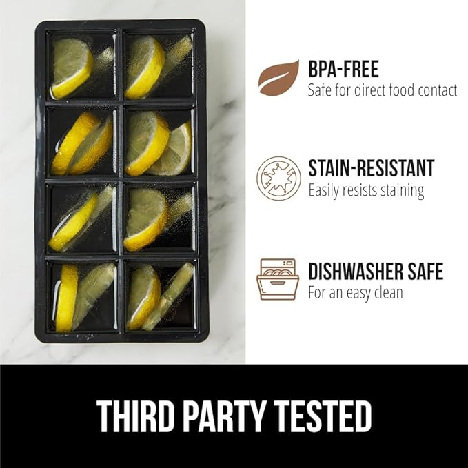 GORILLA GRIP Slow Melting Large Silicone Ice Cube Tray for Freezer, Easy to Push 8 Giant Square Cubes, Use for Cocktails, Iced Coffee, Water Bottle, Frozen Puree, Kitchen Bar Essentials, 1 Pack, Black