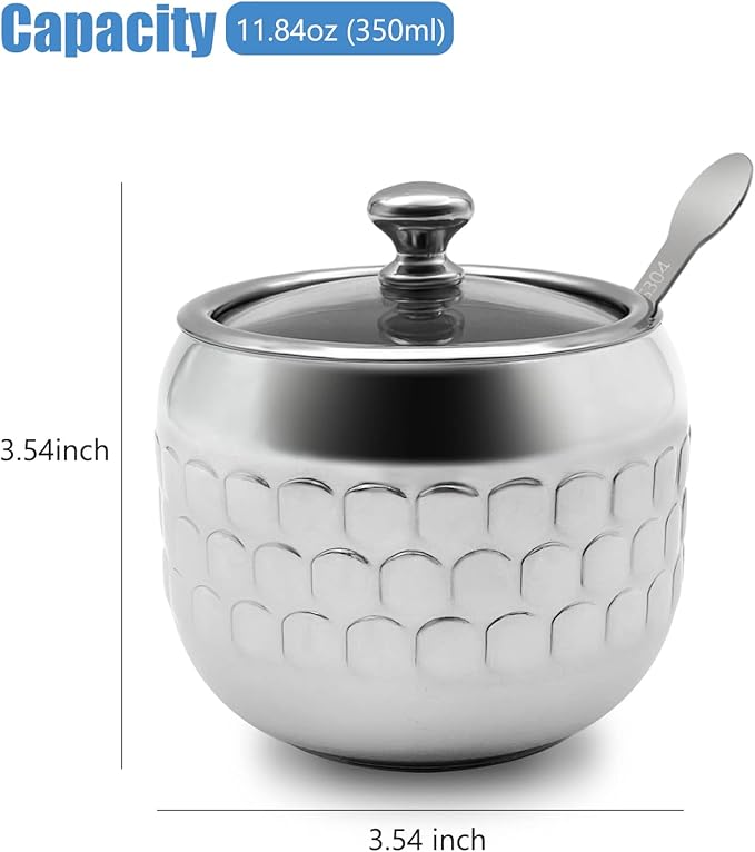 Stainless Steel Sugar Bowl Coffee Seasoning Jar Condiment Pot Spice Container Canister Cruet with Glass Lid and Spoon
