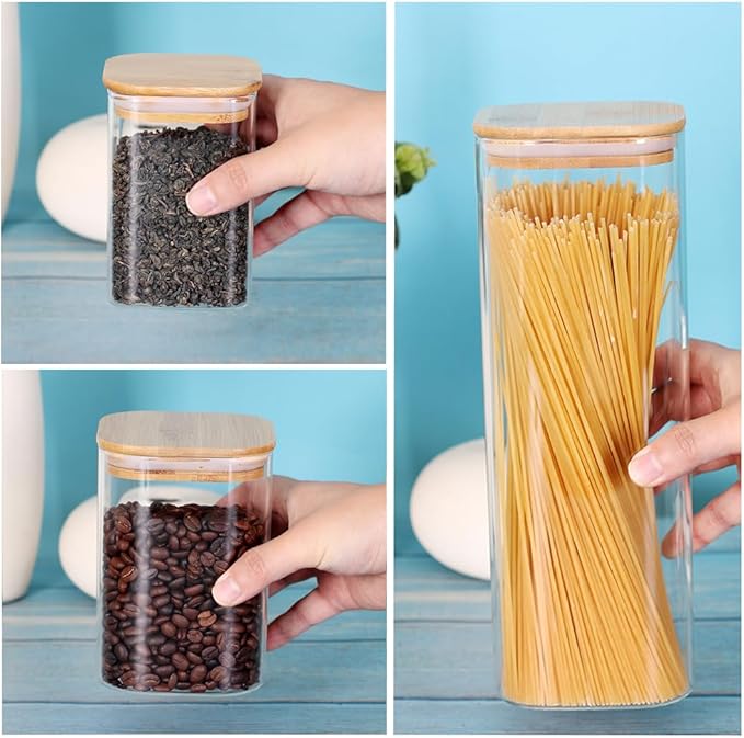 Glass Storage Canister with Wooden Lid, Set of 7 Square Glass Jars with Bamboo Lids, Glass Food Storage Containers for Pasta, Cereal, Flour, Sugar, Best for Kitchen & Pantry