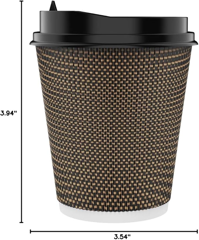 LITOPAK 80 Pack 10 oz Paper Coffee Cups, Insulated Ripple Wall Hot Coffee Cups with Lid and Straws, Brown Three Layer Insulated Hot Beverage Cups for Parties, Picnic, and Travel