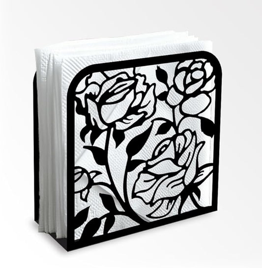 Rose Flower Decorative Black Metal Napkin Holder for Table, 4.9" x 4.9" x 1.9" Standing Napkin Holder for Home Kitchen Restaurant Picnic Party Coffee Bar Dining Room