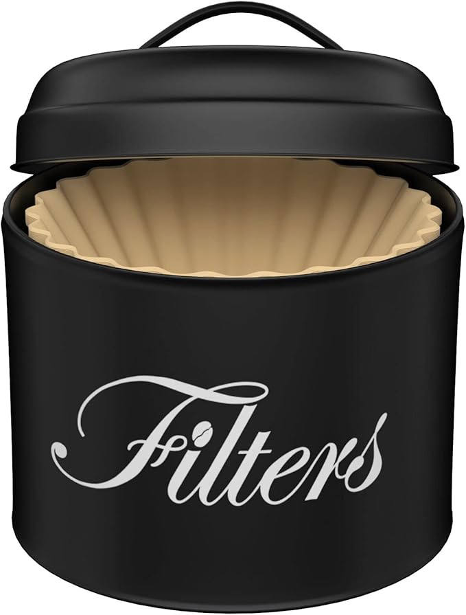 Black Basket Coffee Filter Holder With Lid - Round Container for Counter Storage - Rustic Farmhouse Bar Accessories Decor