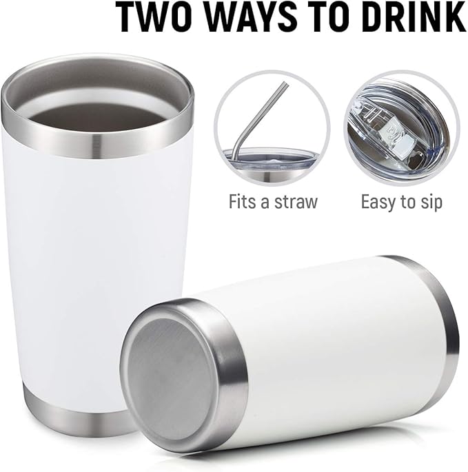 COMOOO 20oz Double Wall Vacuum Insulated Travel Mug, Stainless Steel Tumbler with Lid and Straw Durable Powder Coated Insulated Coffee Cup for Cold & Hot Drinks (White. 2 pack