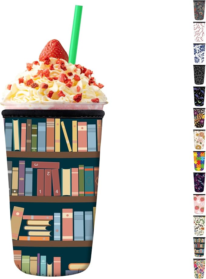 Reusable Neoprene Insulator Sleeve for Iced Coffee Cups, Medium 22-28oz Durable Drink Sleeve for Cold Beverages, Cute Beverage Holder Cup Sleeve for Women Men Cute Bookshelf