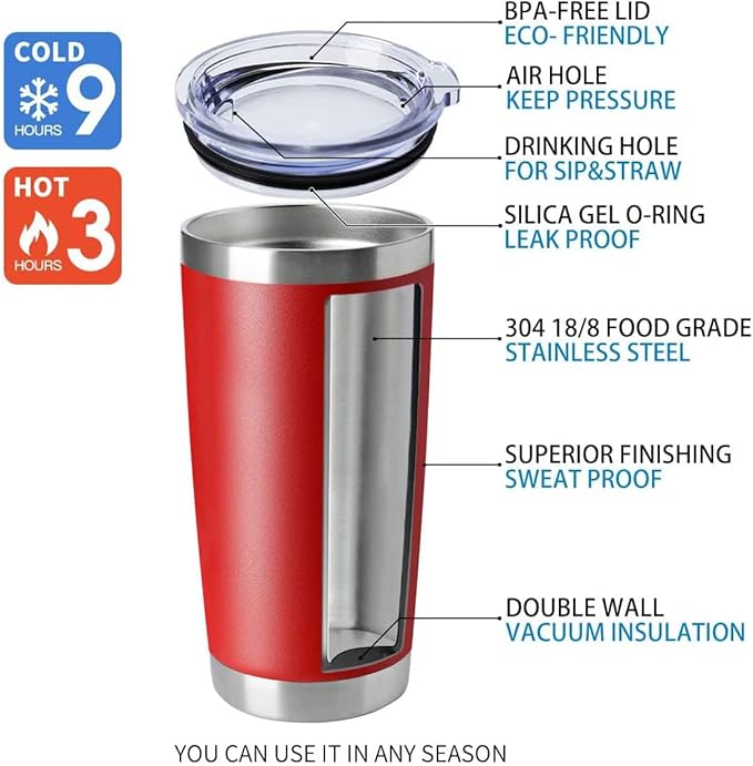 HASLE OUTFITTERS 20oz Tumblers Stainless Steel Mugs with Lid Double Wall Vacuum Insulated Coffee Cups for Cold & Hot Drinks (20oz-Red, 8 Pack)