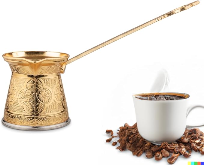 Alisveristime Authentic Turkish Coffee Pot, Handmade Cezve/Ibrik, 2.95-Inch Width, 2.95-Inch Height - 10.14 Ounce Enhance Your Coffee Experience Now! (3 Cup) (Gold)