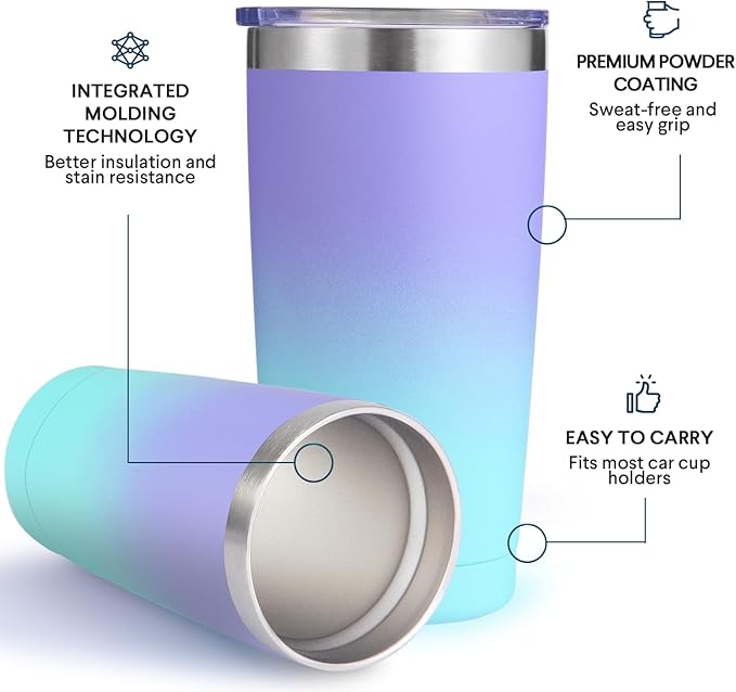Volhoply 20oz Stainless Steel Tumbler with Lid and Straw Bulk 8 Pack,Double Wall Insulated Travel Iced Coffee Mug Fits Cup holder,Powder Coated Cups for Cold Drinks,Christmas Gifts（Purple Bule,8 Set）
