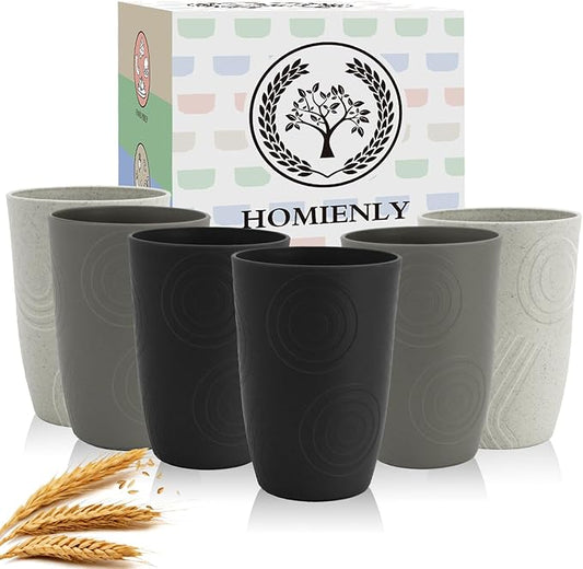 Wheat Straw Cups 6 PCS Plastic Cups Reusable Unbreakable Drinking Cup Dishwasher Safe Water Glasses with Unique Pattern(16 OZ,Black Grey)