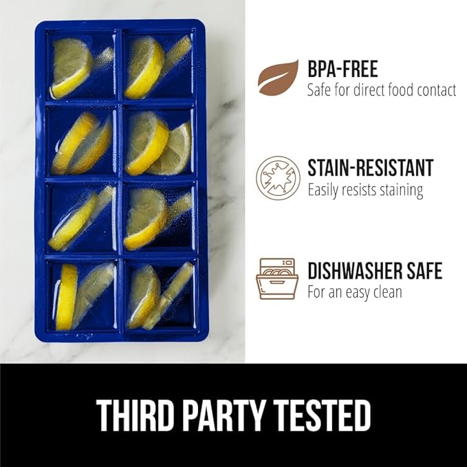 GORILLA GRIP Slow Melting Large Silicone Ice Cube Tray for Freezer, 2 Pack, Easy to Push 8 Giant Square Cubes, Use for Cocktails, Iced Coffee, Water Bottle, Puree, Kitchen Bar Essentials, Royal Blue