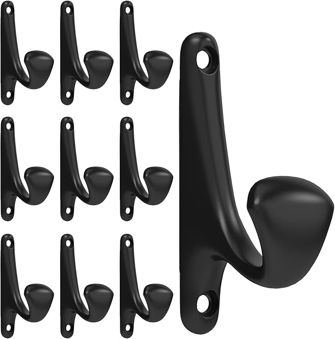 10 Pack Wall Hooks for Hanging, Heavy Duty Metal Double Coat Hooks Wall Mount, Includes Hardware for Bathroom, Bedroom, Closet and Kitchen (Black)