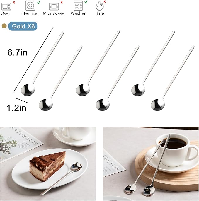 6 PCS Coffee Spoons, 18/8 Stainless Steel Espresso Spoons, 6.7 Inches Vogue Mini Tea Spoons, Cappuccino Stirring Spoons, Small Spoons for Dessert, Ice Cream, Frosted Handle,Sweejar(Silver)