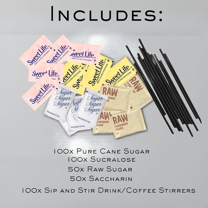 Happy Little Heart Sugar & Sweetener Assortment Packets - Sucralose, Saccharin, Brown Sugar, Pure Cane Sugar & HLH Sip and Stir Coffee Stirrers (400 Pack) - Perfect for Home, Office, Coffee Shops, Bars & Gifts!"