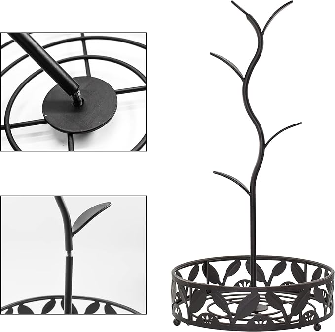 VANRA Mug Tree Holder Stand Coffee Mug Rack Countertop with Coffee Pod Basket Storage for Kitchen Counter Organizer, Black Steel