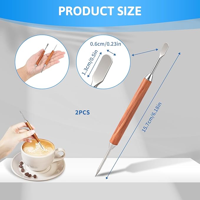 2 PC Latte Art Pen Set, Stainless Steel Coffee Drawing Tool with Wood Handle, Double - Ended Latte Art Pen for Barista, Home & Cafe Use to Create Intricate Coffee Designs