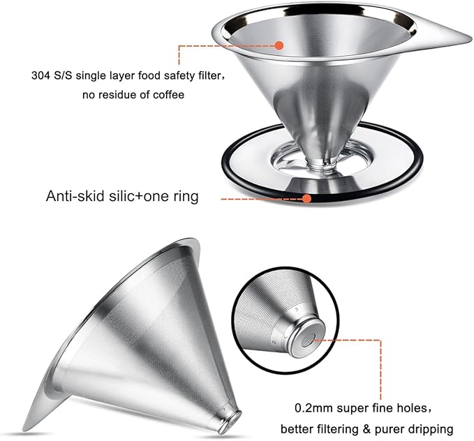 LHS Pour Over Coffee Dripper Stainless Steel Coffee Filter Metal Cone Filter Paperless Reusable Coffee Filter Single Cup Coffee Maker 1-2 Cup With Non-slip Cup Stand and Cleaning Brush