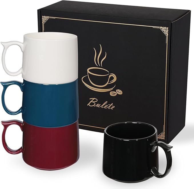 Coffee Mugs Gift Set of 4, Large 19 oz Stackable Ceramic Coffee Mug, Coffee Cups with Large Handle for Latte, Cappuccino, Milk, Dishwasher & Microwave Safe, Ideal for Men, Women - Multicolor