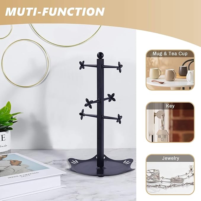 Coffee Mug Holder for Countertop, Cup Holder with 6 Hooks, Mug Stand for Counter, Coffee Bar Accessory, Mug Tree Station Organizer, Black