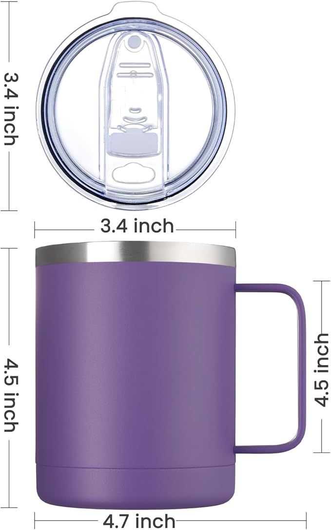 MEWAY 12oz Coffee Mug With Handle 4 Pack Bulk,Stainless Steel Insulated Travel Tumblers With Sliding Lid,Double Wall Vacuum Camping Cup for Hot & Cold Drinks Tea (Purple,Set of 4)