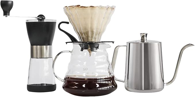 SOTECH Pour Over Coffee Maker Set with Black Gooseneck Kettle Wooden Filter Holder Coffee Dripper Glass Server with Paper Coffee Filters,DIY Manual Coffee Maker Set (Eco-Setbag)