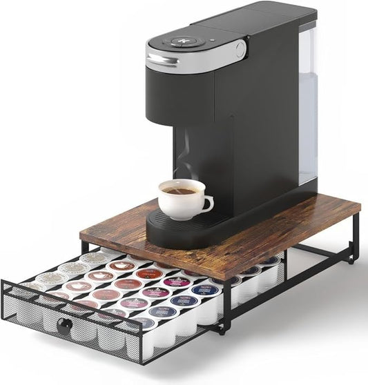 Coffee Pod Holder Counter Coffee Vertuo Capsules Storage Organizer with Sliding Drawer Compatible For 35 K-Cup Pods No Assembly Needed Rustic Brown