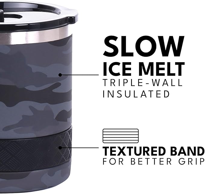 Elemental Recess Lowball Tumbler, 10oz Triple Wall Stainless Steel Cup with Non-Shattered Tritan Lid, Insulated Whiskey Glass, Insulated Coffee Tumbler Mug for Hot & Cold Drinks - Black Camo